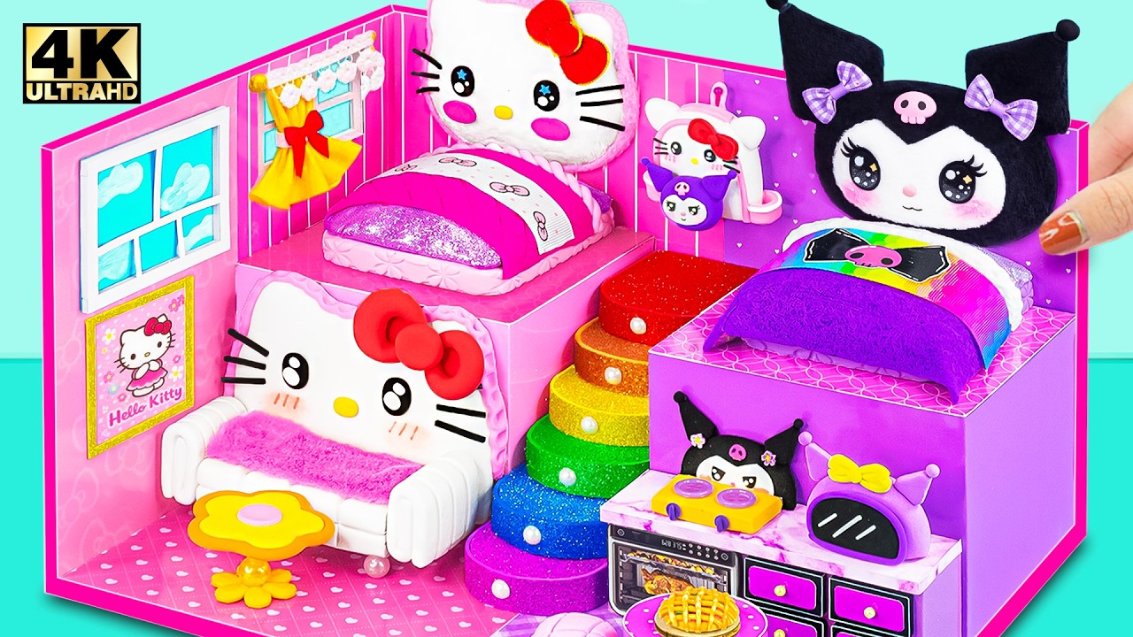 How to Make Pink Hello Kitty House with 2-Bedroom, Purple Room for Kuromi use Clay 💖💜 DIY Mini House