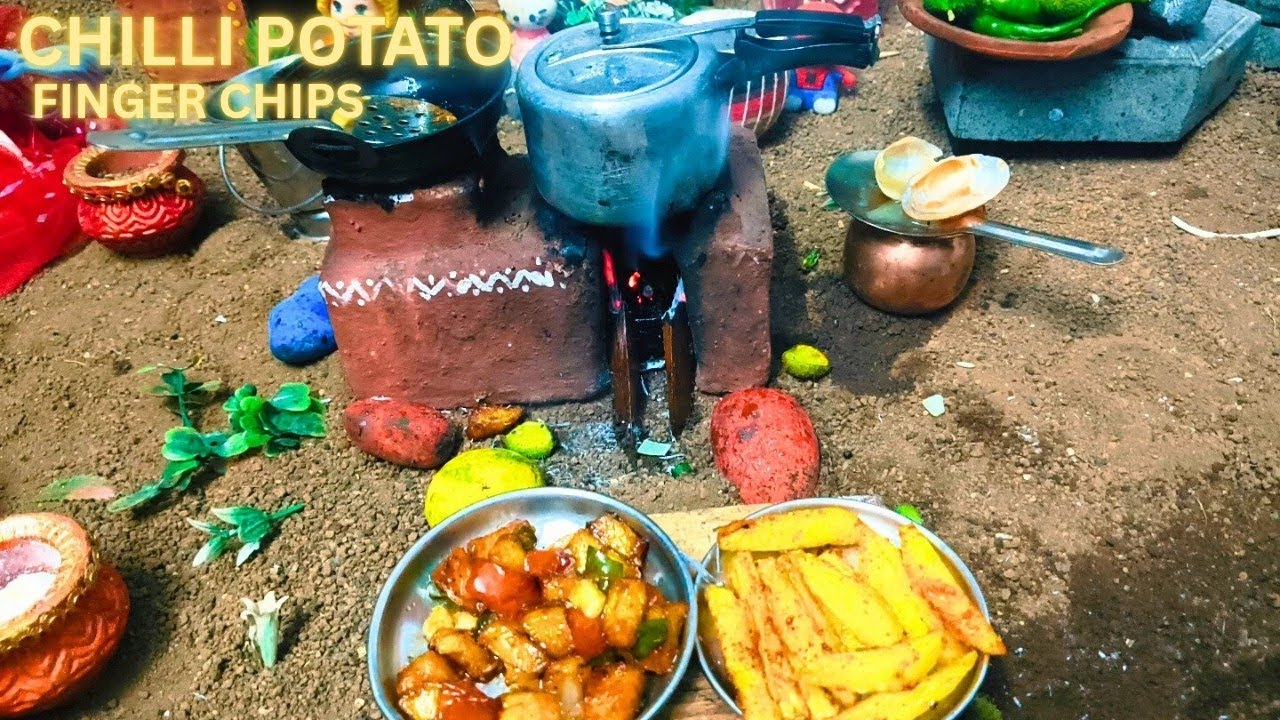 Miniature Chilli Potato Recipe | Mini Village Kitchen Chili Potato | Miniature Finger Chips  Recipe 