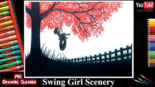 How to draw a Girl swing on a tree I Autumn scenery for kids I Oil pastel drawing for beginners