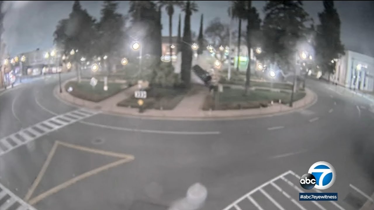 Driver plows into fountain flips several times at end of chase in OC