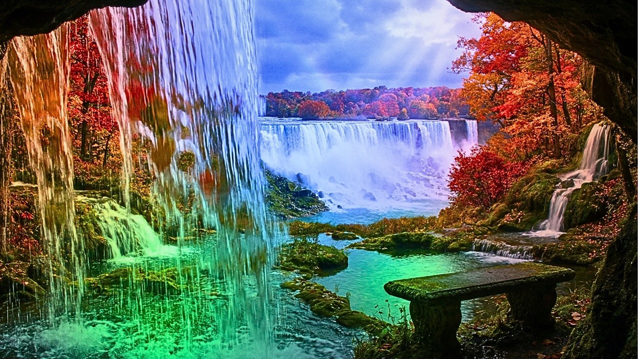 Healing Waterfall Sounds in a Magical Autumn Cave 🍂 Water White Noise for Sleep & Stress Relief