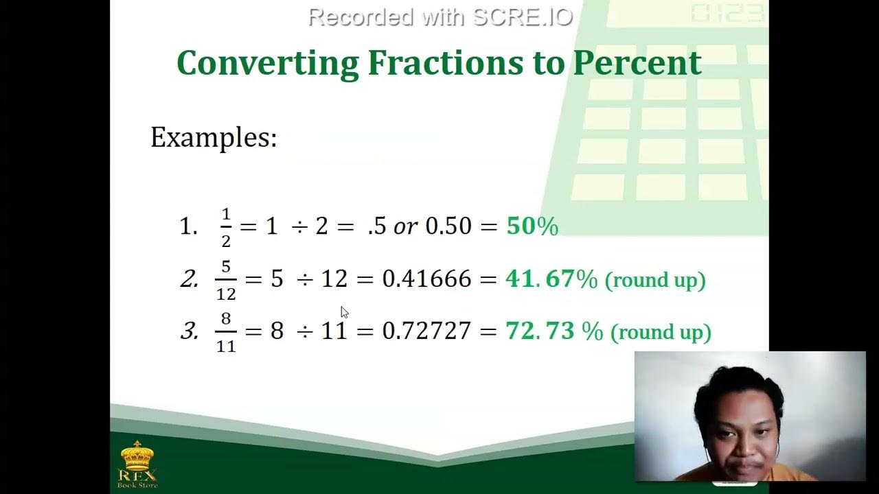 CONVERTING FRACTION TO DECIMAL AND PERCENT AND VICE VERSA EMERALD