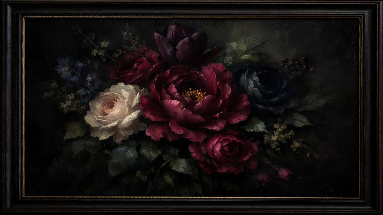 Moody Floral Artwork for TV | Moody Floral Art in Black Frame | Dark Romantic Botanical Wall Art