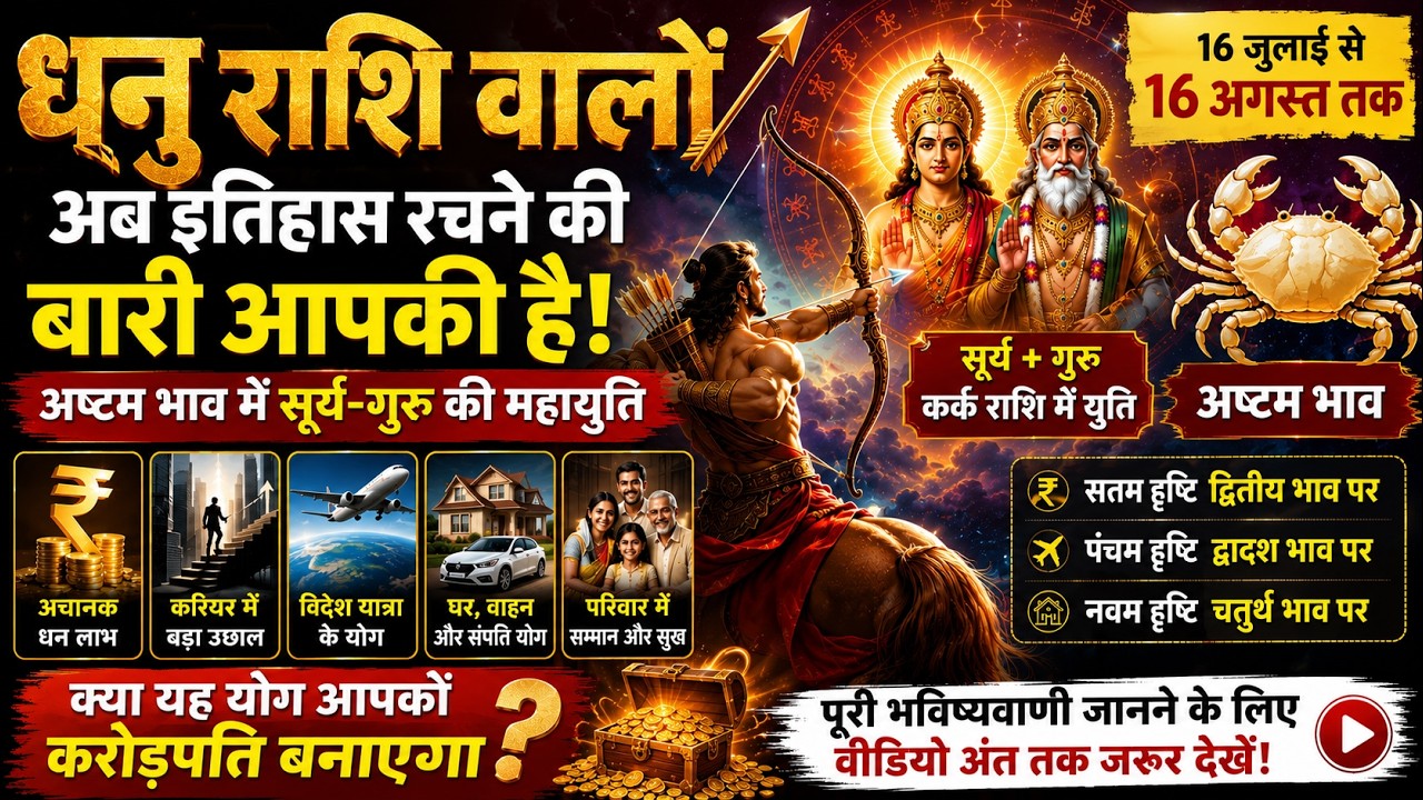 धनु राशि ♐ 16 जुलाई से 16 अगस्त 2026 तक | सूर्य-गुरु महायुति बदलेगी किस्मत | अचानक धन, करियर |