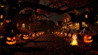 SPOOKY HALLOWEEN NIGHT STREET-JACK O LANTERNS-FALLING LEAVES-HAUNTED HOUSES-BONFIRE-AMBIENCE
