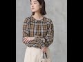 【シルエット】チェック柄ギャザークルーパフ袖ブラウス