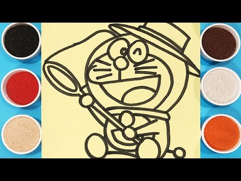 Chị Chim Xinh TÔ MÀU TRANH CÁT MÈO ĐÔRAÊMON VỢT CÁ - Đồ chơi trẻ em - How to make sand painting