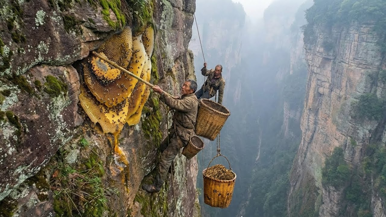How Farmers Harvest Large, Naturally Occurring Honeycombs on Dangerous, Sheer Cliffs