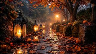 Autumn Lantern Path in Rain | Falling Leaves & Gentle Thunder Sound
