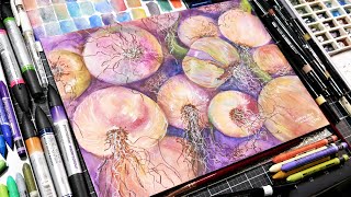 Mixed Media Demo:  &quot;Tracey&#39;s Onions&quot; Using WC Markers, Crayons, Watercolor &amp; Acrylic Paint Pens