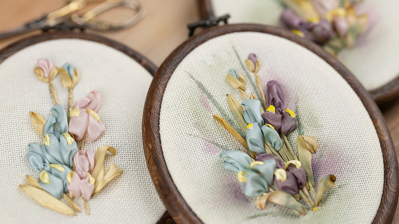 Easy ribbon embroidery (Iris flower) /آموزش روباندوزی (گل زنبق و غنچه) با آفاق امیریان