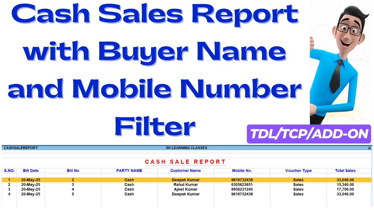 TDL/TCP: Cash Sales Report with Buyer Name & Mobile Number Filter in Tally Prime | TDL Customization