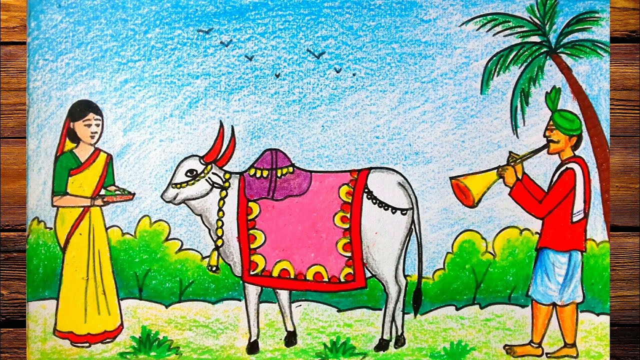 BALI POLA DRAWING WITH PASTEL COLOR ||HOW TO DRAW FESTIVAL PONGAL ...