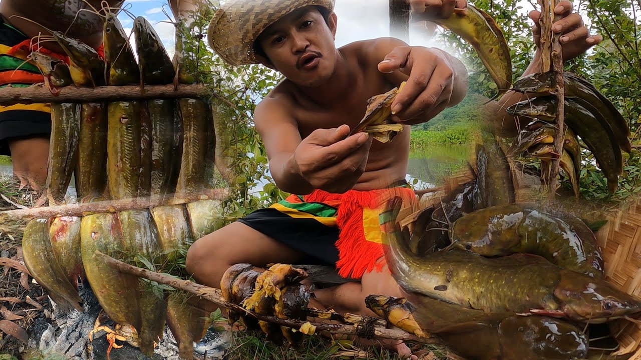 Primitive Eating I make food for eating by grilled catfish with primitive cooking ...