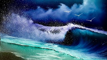 Crashing Wave Seascape on Black Canvas with #PaintWithJosh #BobRoss #PaintingTutorial 