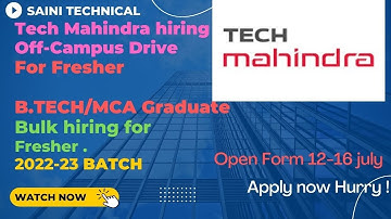 🔥 Tech Mahindra Off-Campus Hiring | |Freshers Batch|2022-23  BE/MCA/B.TECH🔥 @sainitechnical5048