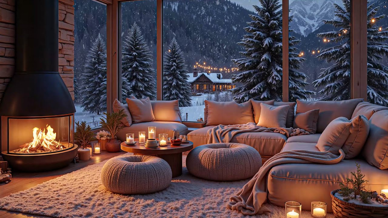Relaxing Piano Sounds with Breathtaking View from a Cozy Cabin and Crackling Fireplace for Sleep❄️🔥