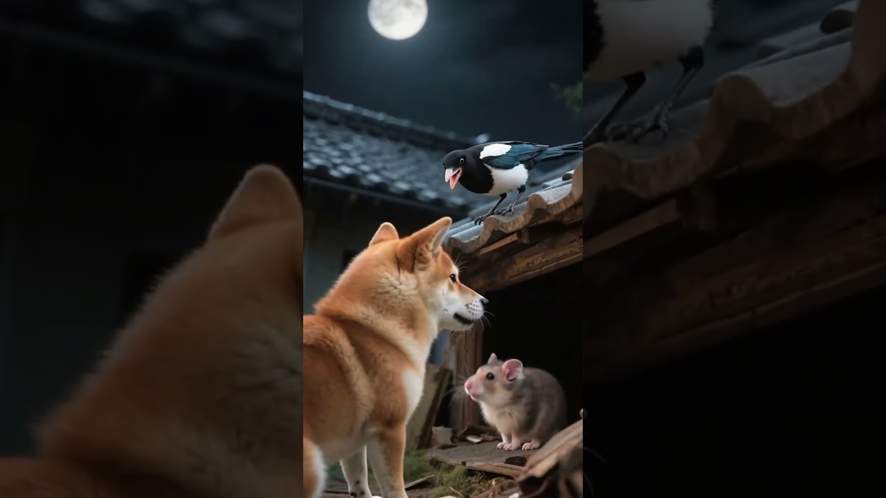 Shiba Inu, Magpie and Hamster's Moonlit Encounter
