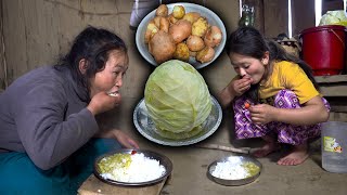 Cabbage (Banda Gobi ) & Potato mix recipe curry with rice cooking & eating in Nepali Village kitchen