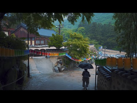 [4K] 부산 범어사, 깊은 산중의 고즈넉한 사찰. 운치있는 사찰에 비까지 내리니 마음이 편한해진다. 빗소리 ASMR.