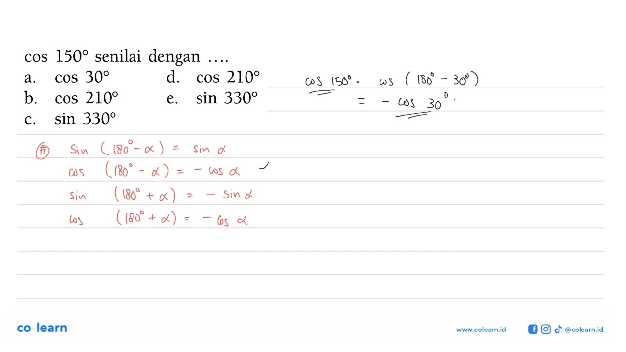 cos 150 senilai dengan ...