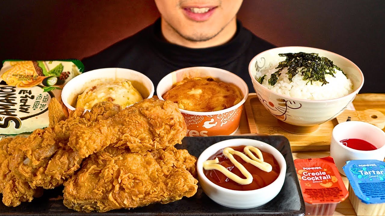 POPEYE'S CHICKEN, MAC AND CHEESE, MASHED POTATO SEAWEED RICE, MATCHA