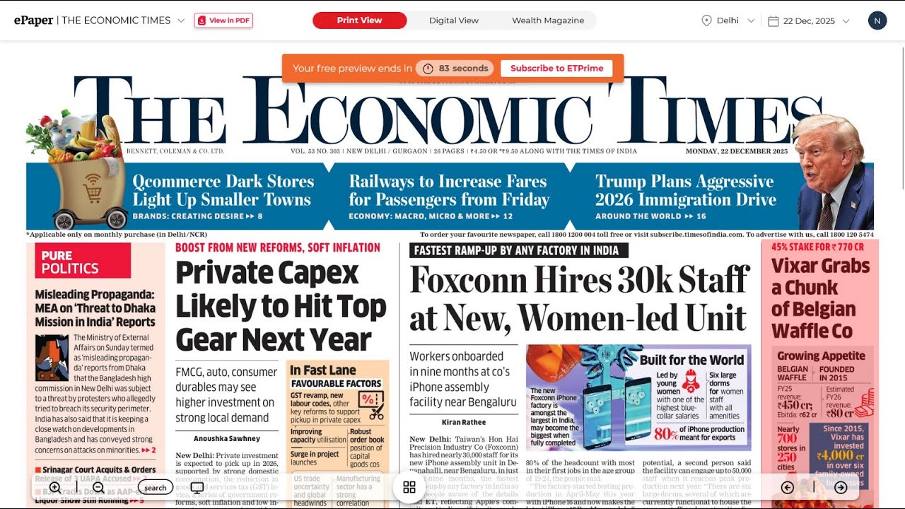 22 December 2025 | The Economic Times Newspaper | Daily Finance & Business News Analysis