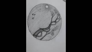 Pencil Drawing of Tree Branches Within Circular Frame Featuring Birds and Full Moon