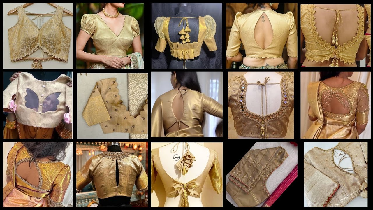 Golden color blouse designs/boatneck, partywear,stylish and trendy blouse neck designs images