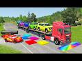 TRANSPORTING PIXAR CARS &amp; FRUITS WITH COLORED &amp; JOHN DEERE vs CLAAS vs TRACTORS - BeamNG.drive