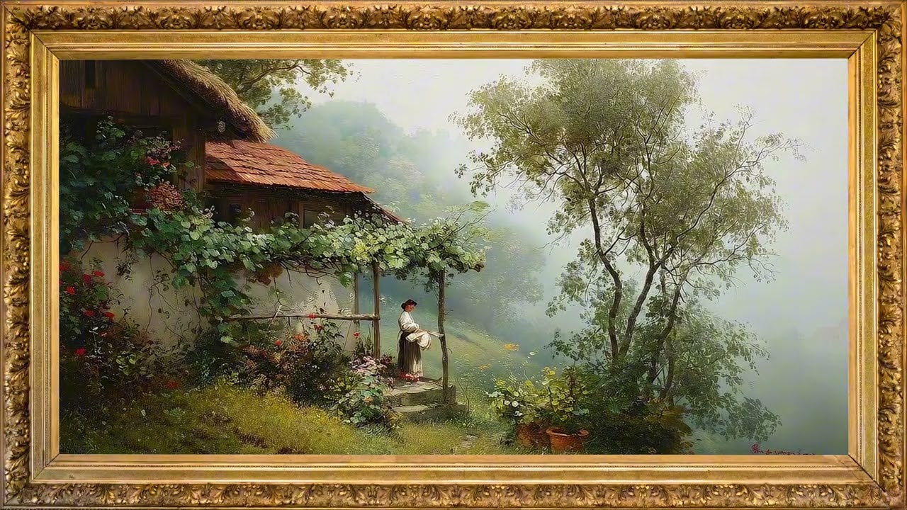 Countryside Cottage View with music | oil painting frame tv art screensaver animated | 4 hours