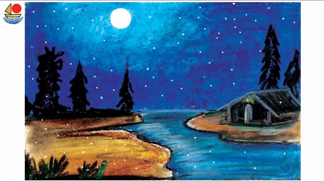 Easy Scenery Drawing of Night - step by step - YouTube