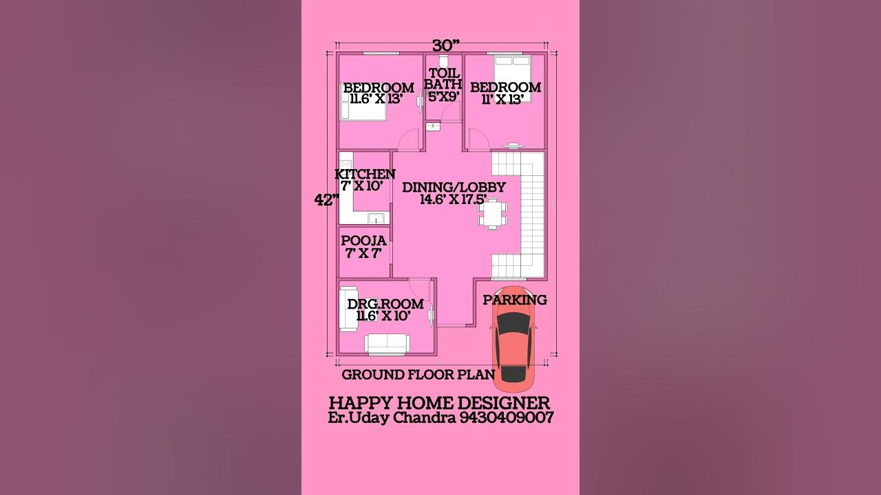 30x42-house-plan-3bhk-with-parking-1260sqft-happy-home-designer-2dplan-shorts-youtube