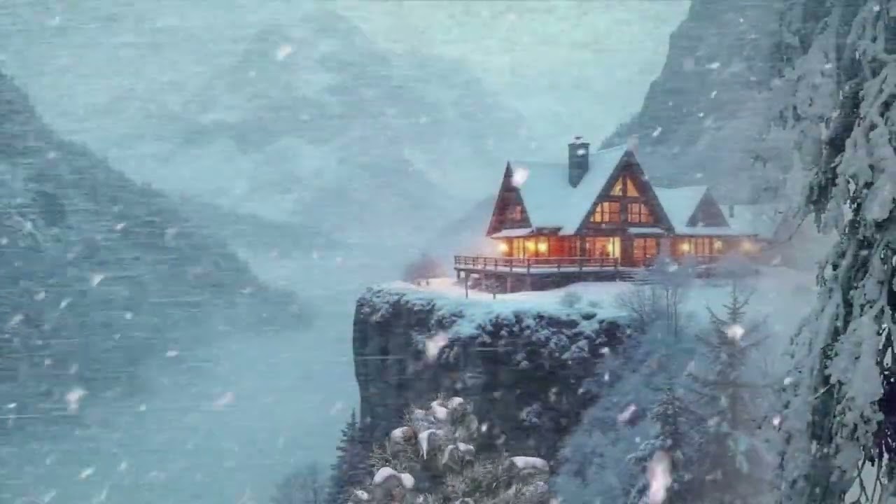 Заснеженная вершина, уютный домик, шум метели для спокойного сна