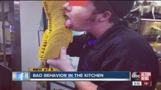 Picture of Taco Bell employee licking taco shells has some concerned about bad behavior in the kitch