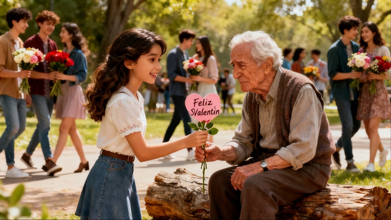 una mujer joven al ver al anciano solo en san Valentín le regalo flores