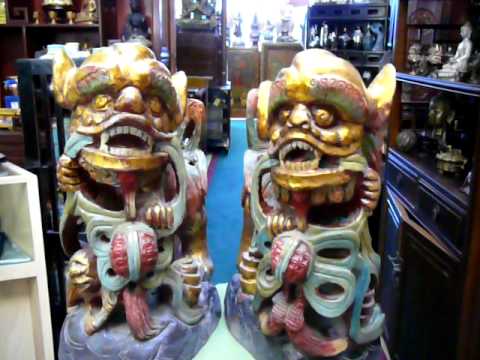 pair-chinese-antique-colorful-wooden-hand-carved-foo-dogs-wk1862