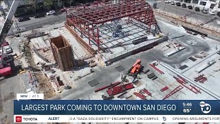 Aerial view of construction on the largest park downtown
