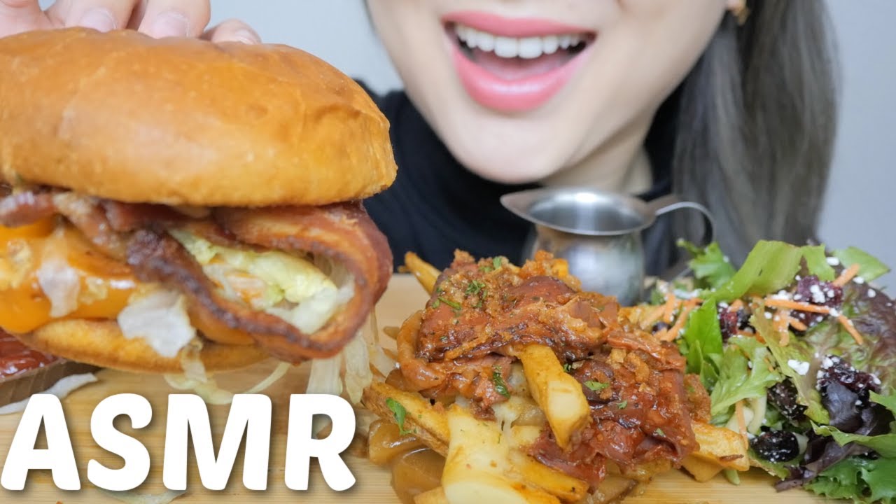 ASMR *BBQ smoked meat poutine with Cajun Chicken Cheddar Burger NO Talking Eating Sounds | N.E