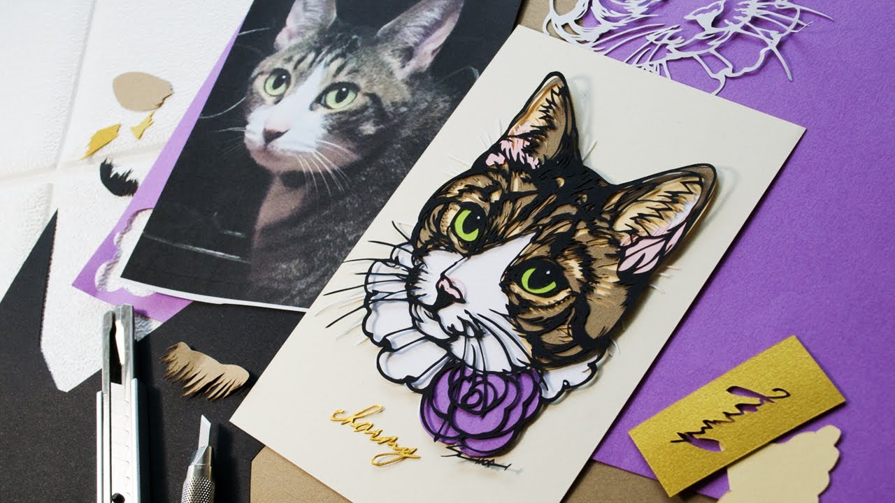 猫 切り絵 おめかし似顔切り絵オーダーの制作過程 Cat Paper Cut Art Youtube