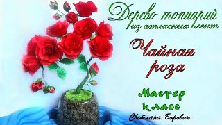 Топиарий бонсай дерево чайная роза канзаши из атласных лент МК. DIY Topiary tree Tea Rose kanzashi