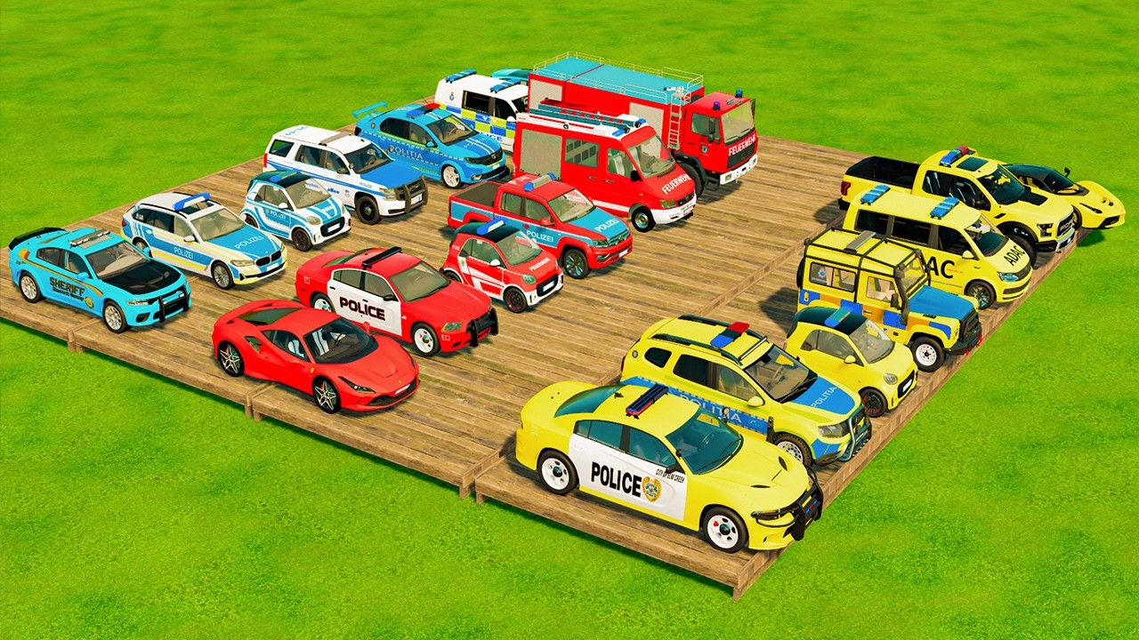 TRANSPORTING CARS, AMBULANCE, POLICE CARS, FIRE TRUCK OF COLORS! WITH TRUCKS! - FS 22