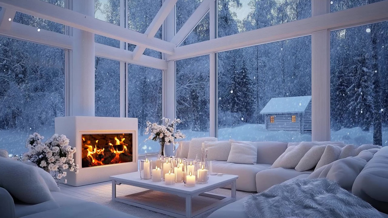☃️🎼 Peaceful Snowy Winter Piano Lounge Scene | Fire Glow & Flowers ...