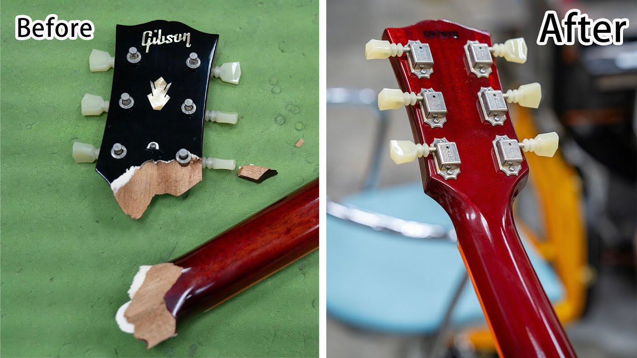 Perfect repair a red Gibson broken headstock - YouTube