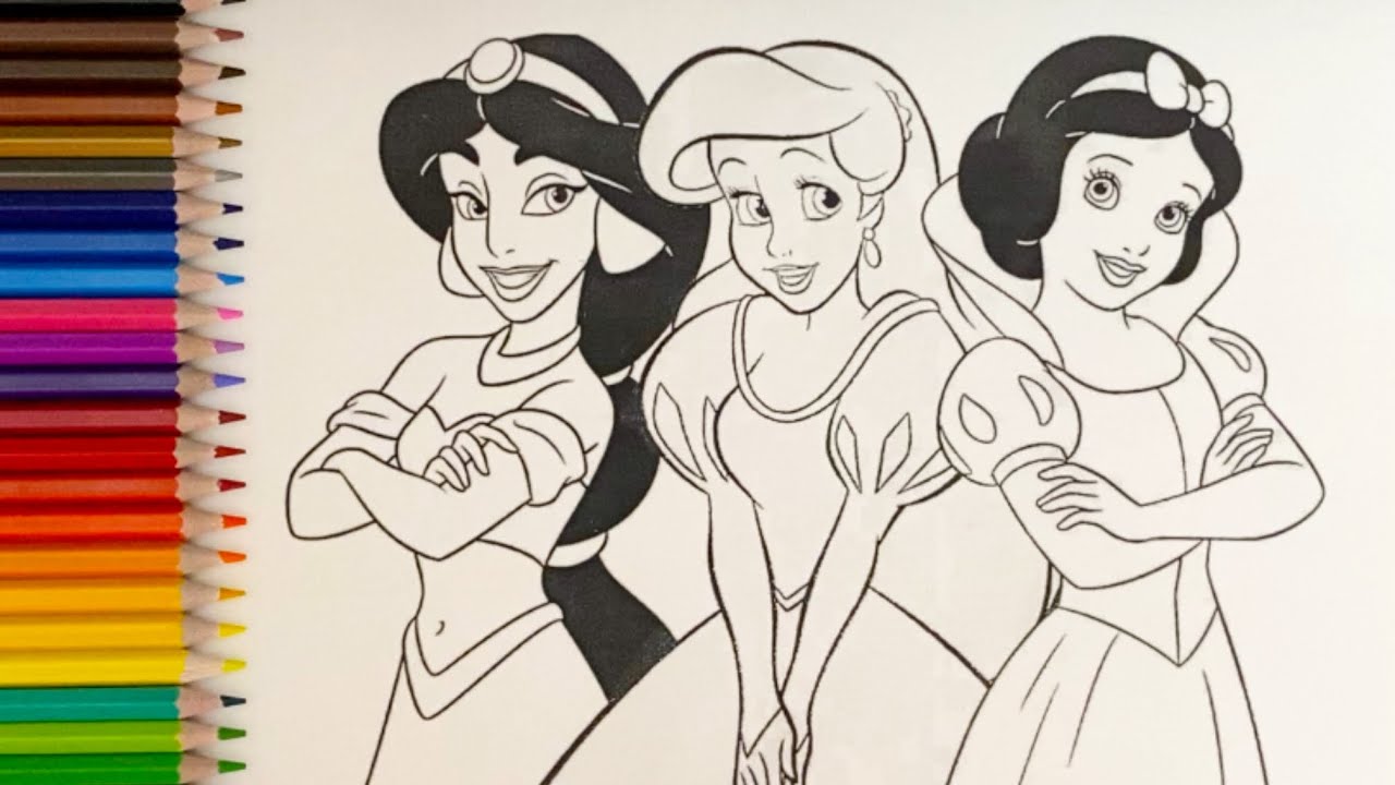 Disney princess colouring book composition  jasmine Ariel and Snow with