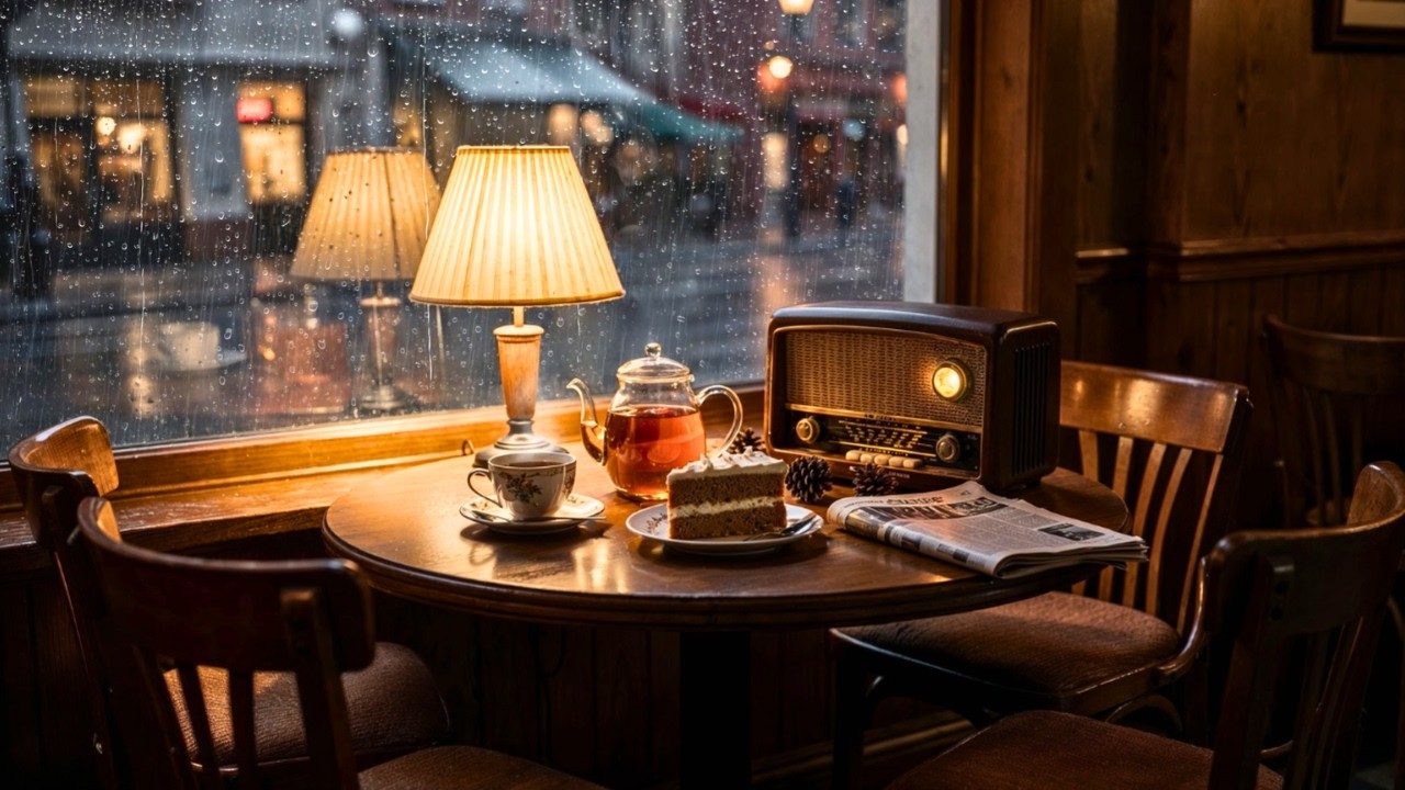 Peaceful Rainy Evening in a Vintage 1950s Café 🌧️ Oldies Playing in Another Room | Rain Ambience
