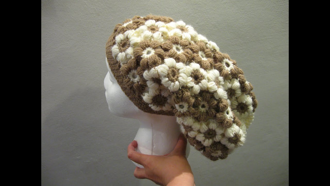Шапка с напуском крючком - Шапка с напуском из пышных цветов - Урок вязания крючком