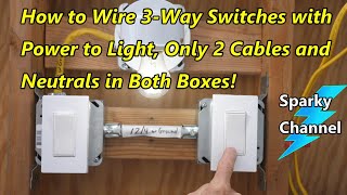 how to wire 3-way switches with power to light, only 2 cables and neutrals in both boxes!