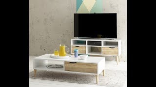 Oslo Retro Style Wide TV Unit Stand Cabinet 2 Drawers 4 Shelves in White and Oak