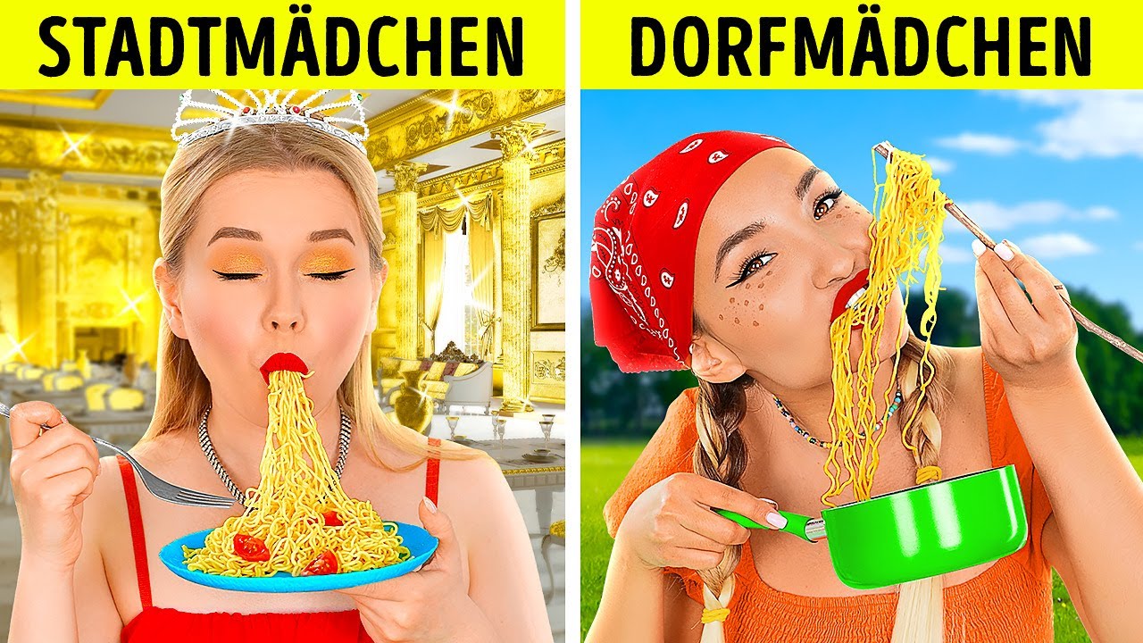 REICHES STADTMÄDCHEN VS PLEITE DORFMÄDCHEN || 10.000€ Nudeln essen! Teuer VS Günstig von 123GO! FOOD